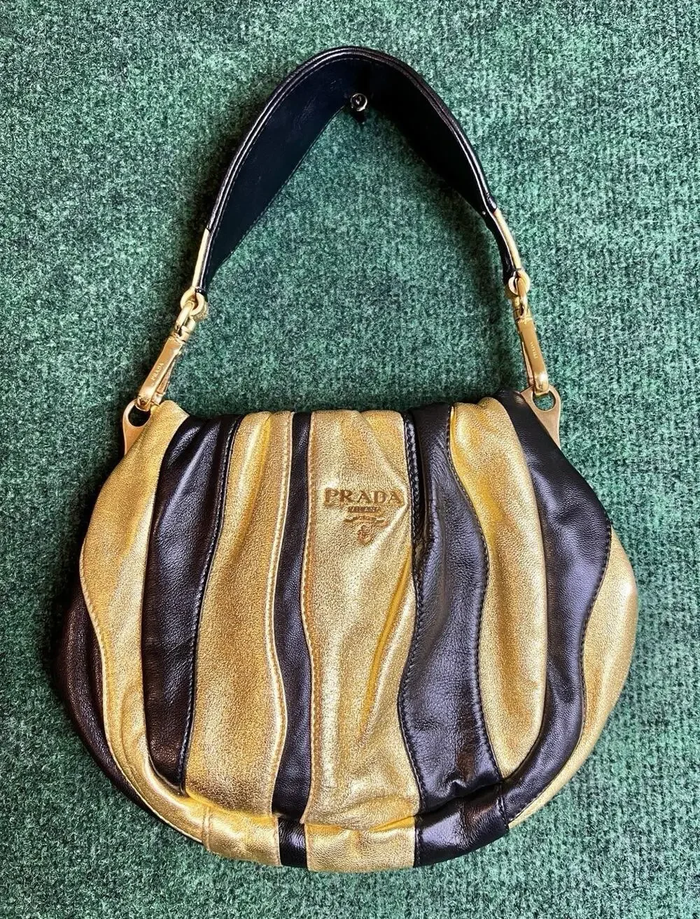 PRADA Women’s Black/Gold Striped Shoulder Bag Snap Closure Logo, Inner Pockets